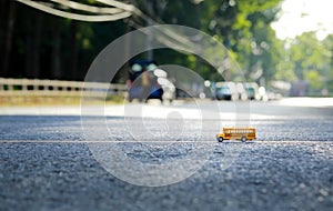 School bus toy model on road.