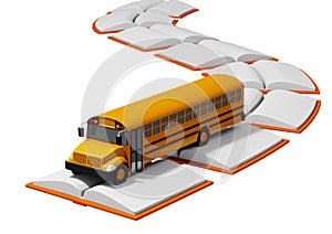 School bus traveling over road built of books. Back to school concept