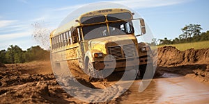 School bus traverses muddy terrain, concept of Adaptability