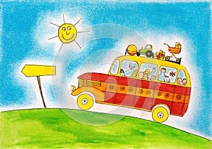 School bus trip, child's drawing, watercolor painting