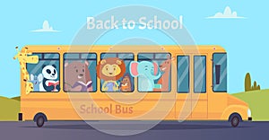 School bus. Zoo animals characters back to school on yellow bus vector learning education concept