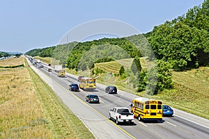 School Buses On Interstate
