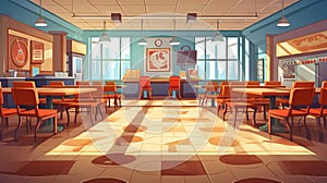 school cafeteria with tables, chairs, and a serving area, cartoon illustration