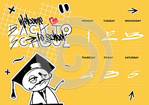 School calendar with a cartoon hand drawing character, timetable in graffiti style