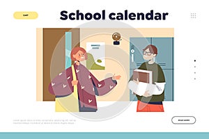 School calendar concept of landing page with couple of high school students talking in corridor