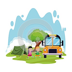 School camping design with cartoon kids and school bus