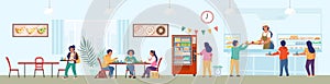 School canteen with staff and children having lunch, flat vector illustration. School cafeteria, buffet, cafe.
