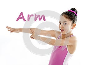 School card of girl pointing at her arm and elbow on white background