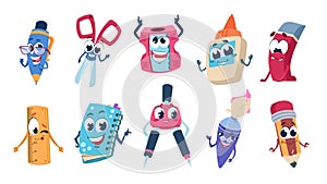 School cartoon characters. Pencil book and educational stationery mascots with happy faces. Vector flat funny school photo