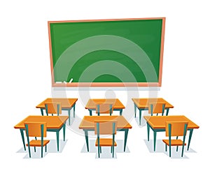 School chalkboard and desks. Empty blackboard, classroom wooden desk and chair isolated cartoon vector illustration