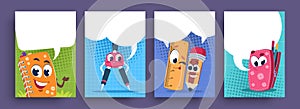School characters poster. Cartoon cute educational supplies with speech bubble, funny school mascots. Vector kids photo