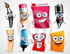 School characters vector illustration set. Education items 3D cartoon mascots