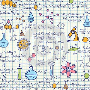 School chemical formulas .Notebook school paper.Handwritten formulas background.Letters and numbers .Vector illustration.