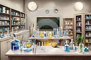School Chemistry Lab With Chalkboards And Cabinets Generative AI