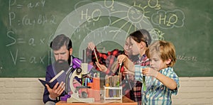 School chemistry lab concept. Experimenting together. Supportive environment explore STEM. Practical knowledge. Child