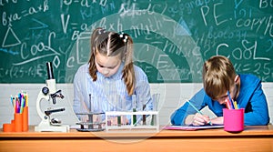 School chemistry lesson. School laboratory. Girl and boy smart students conduct school experiment. Describe chemical