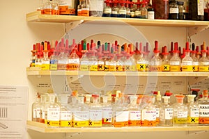 School Chemisty lab with bottles of chemcals on the shelves