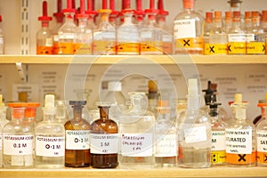 School Chemisty lab with bottles of chemcals on the shelves