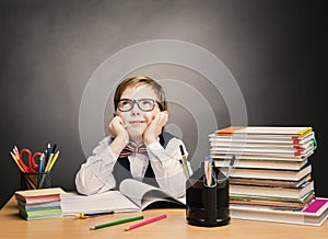 School Child Boy in Glasses Think Classroom, Kid Students Book