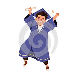 School child in graduation gown, cap. Happy kid student in glasses, graduating. Cute smart boy in master hat, wunderkind