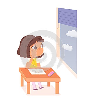 School child looking out window, bored girl pupil of elementary school sitting at table