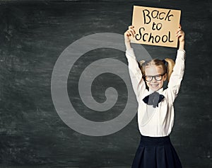 School Child over Blackboard Background, Girl Advertise Board