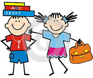 School children, boy with books and girl with satchel, funny vector illustration