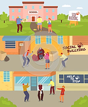 School children bullying vector illustration set, cartoon angry teenagers mocking sad unhappy girl or boy, old man