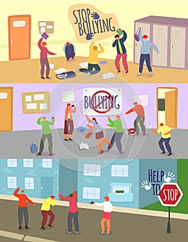 School children bullying vector illustrations, cartoon angry boy girl teenager mocking unhappy schoolmate, stop bully photo