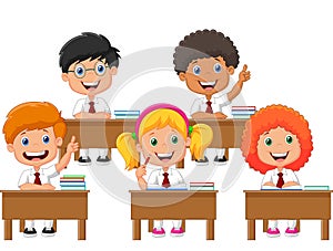 School children cartoon in classroom at lesson