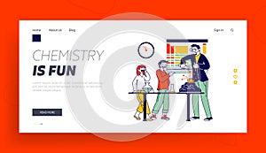 School Children Characters in Lab Landing Page Template. Teacher Conduct Scientific Experiment with Chemicals
