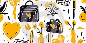 School children doodle seamless pattern yellow and black colors, vector illustration