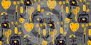 School children doodle seamless pattern yellow and grey colors, vector illustration