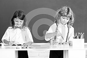 School children drawing a colorful pictures with pencil crayons in classroom on blackboard background. Portrait of cute