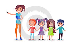School Children on Excursion, Woman Guide Vector