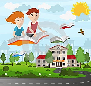 School children flying on a book