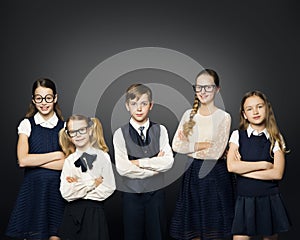 School Children Group, Girls and Boy Students In Uniform over Bl