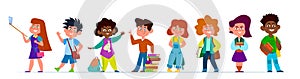 School children. Multiethnic boys and girls in casual clothes. Kids with backpacks and books in school time, vector