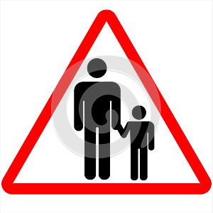 School children traffic sign. Red triangle warning road sign with two school children crossing inside. School zone symbol. Beware
