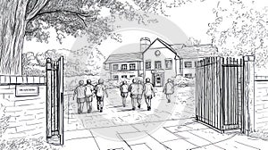 School Children Walking Through Gates to Building in Sketch Style