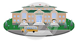School, classic building on the circular platform of the lawn to the road,pedestrian crossing,with 3D effect section