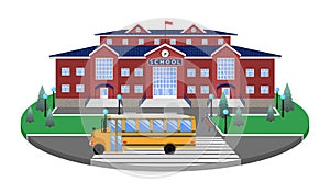 School, classic building on the circular platform of the lawn to the road,pedestrian crossing,with 3D effect section