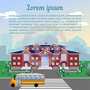 school, classic red brick building with blue roof, clock, flag, lawn and school bus