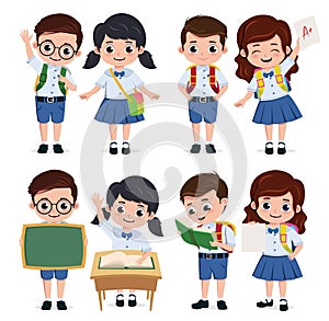 School classmate students character vector set. Back to school classmates kids elementary characters wearing uniform.