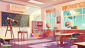 School classroom for astronomy learning. Modern illustration of empty class interior with blackboard, telescope, placard