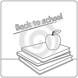 School classroom with a chalkboard, books and an apple. Vector black and white coloring page