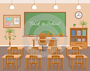 School classroom with chalkboard, student desks and teachers desk. Vector illustration