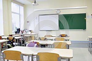 School classroom with desks and blackboard