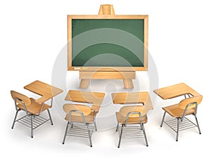School classroom. Empty chalkboard and school desks isolated on