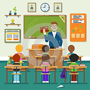 School classroom with schoolchild, pupils and teachers. Vector flat illustration photo